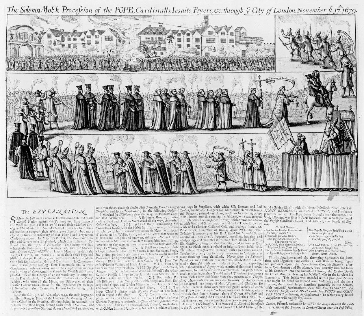 De plechtige schijnprocessie van de paus, kardinalen, jezuïeten en monniken door de stad Londen op 