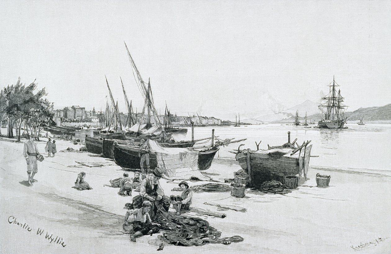 De Straat van Messina, met de Etna in de verte, Italië, uit 