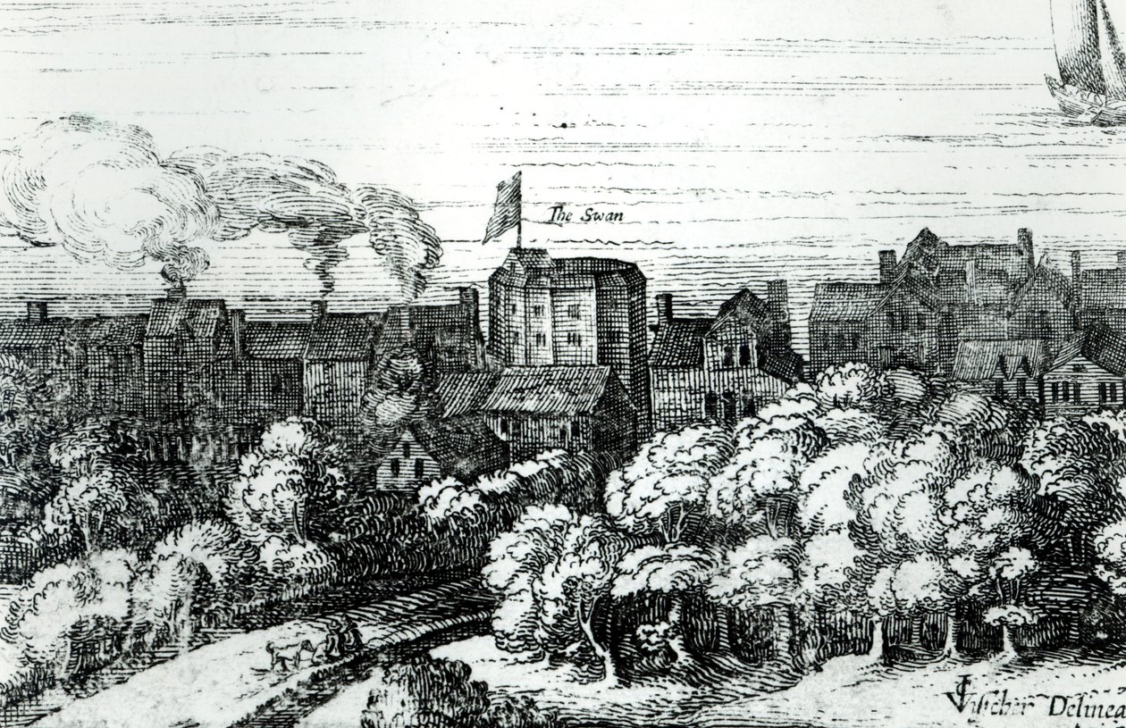 Het Zwanentheater aan de Bankside zoals het verscheen in 1614 door English School