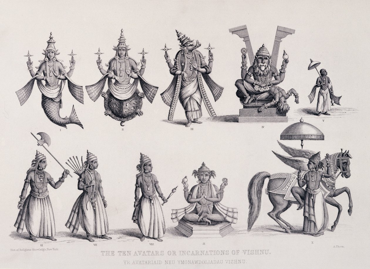 De Tien Avatars of Incarnaties van Vishnu, gegraveerd door A. Thorn, uit 