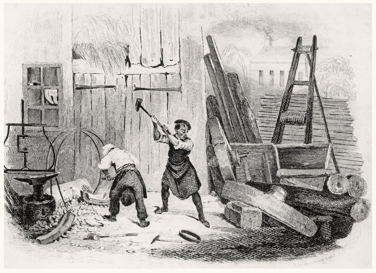 De wagenmaker, uit Het Boek der Ambachten, gegraveerd door J. Miller, 1836 door English School