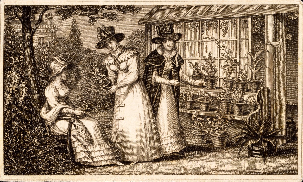 Drie dames tuinieren bij de potting shed, ca. 1820s door English School