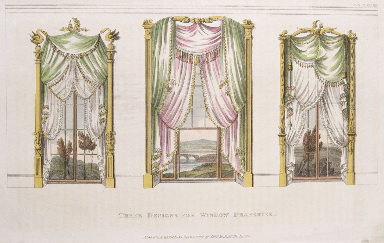 Drie ontwerpen voor raamgordijnen, plaat 107 uit Ackermanns Repository of Arts, gepubliceerd 1819 door English School