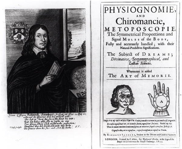 Titelpagina van Physiognomie en Chiromancie: De Kunst van het Geheugen door Richard Sanders, met een portret van de auteur, gepubliceerd in 1653 door English School