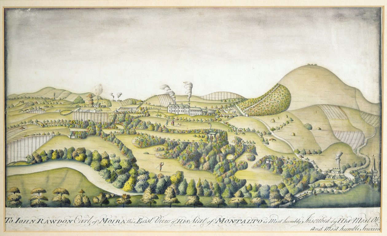 Aan John Rawdon, Graaf van Moira, dit oostelijke uitzicht op zijn zetel van Montalto, c.1800 door English School