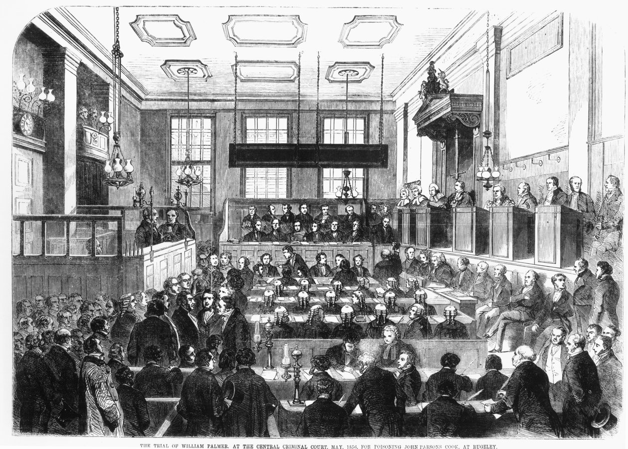 Proces van William Palmer, bij het Centraal Strafhof, mei 1856, voor het vergiftigen van John Parsons Cook, in Rugeley door English School