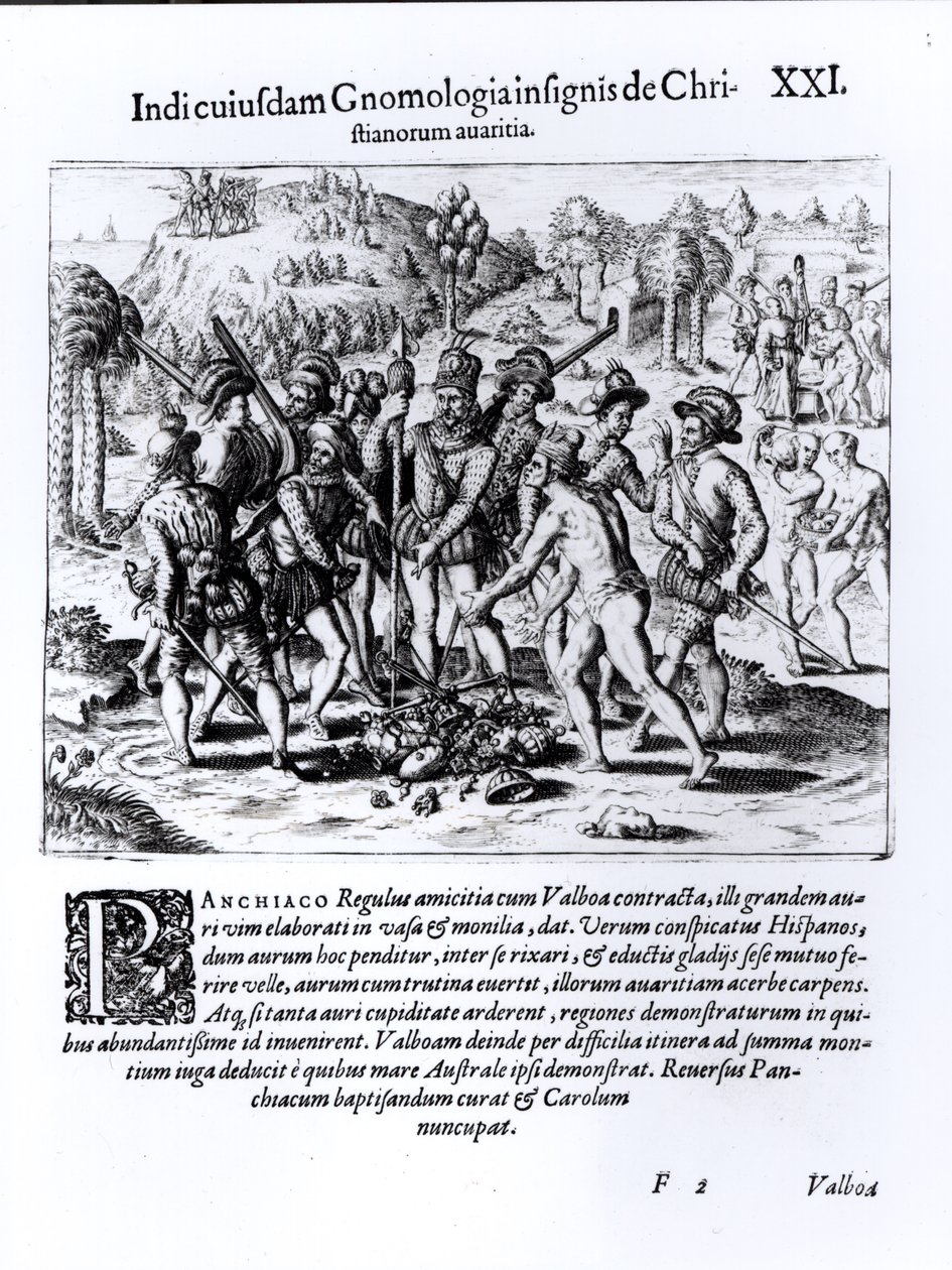 Vasco Nunez de Balboa die de Hebzucht van Christenen Demonstreert door English School
