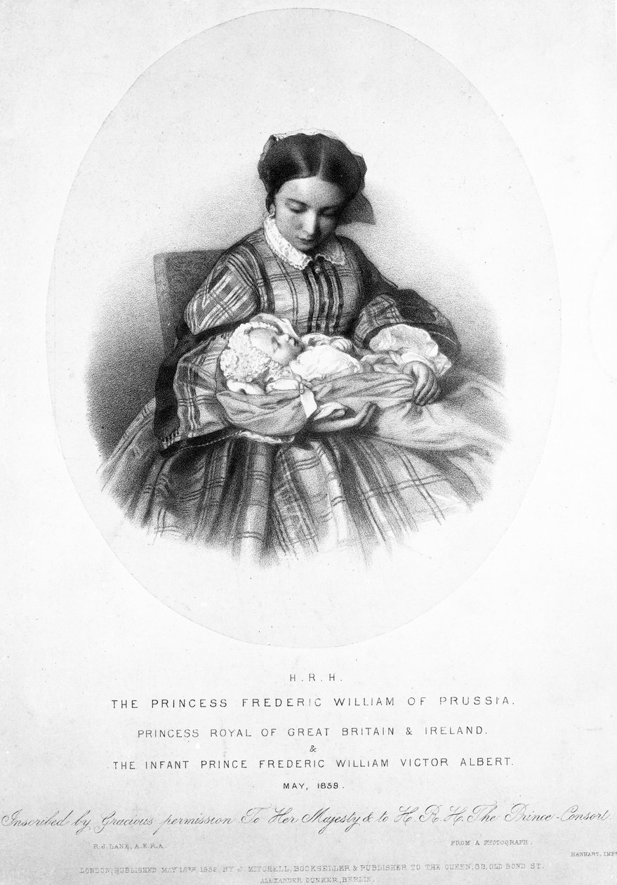 Victoria, de Prinses Royal (1840-1901) met haar zoon, Prins Frederick William Victor Albert, mei 1859, van een foto door English School