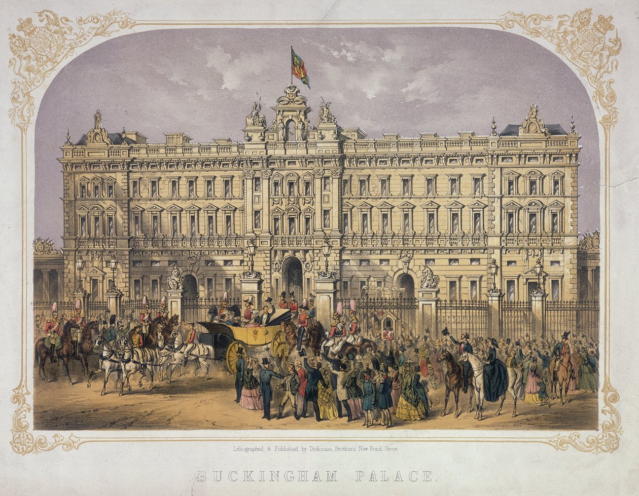 Uitzicht op Buckingham Palace met een menigte buiten die koningin Victoria (1819-1901) en prins Albert (1819-61) toejuicht terwijl ze in een koets rijden, ca. 1855 door English School