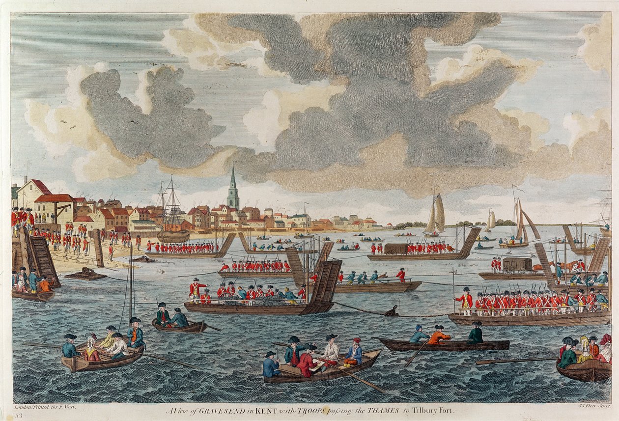 Uitzicht op Gravesend met troepen die de Theems oversteken naar Tilbury Fort door English School
