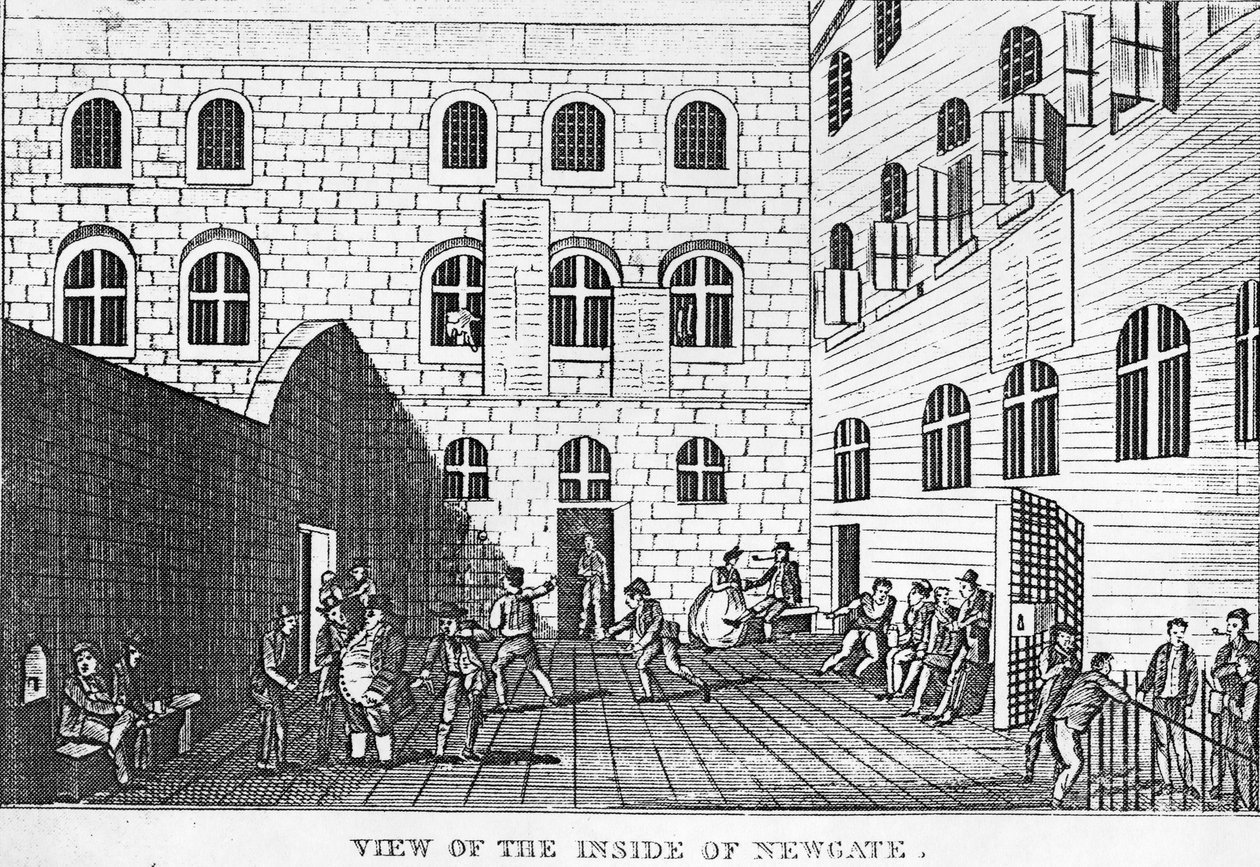 Uitzicht op de Binnenkant van Newgate, 1809 door English School
