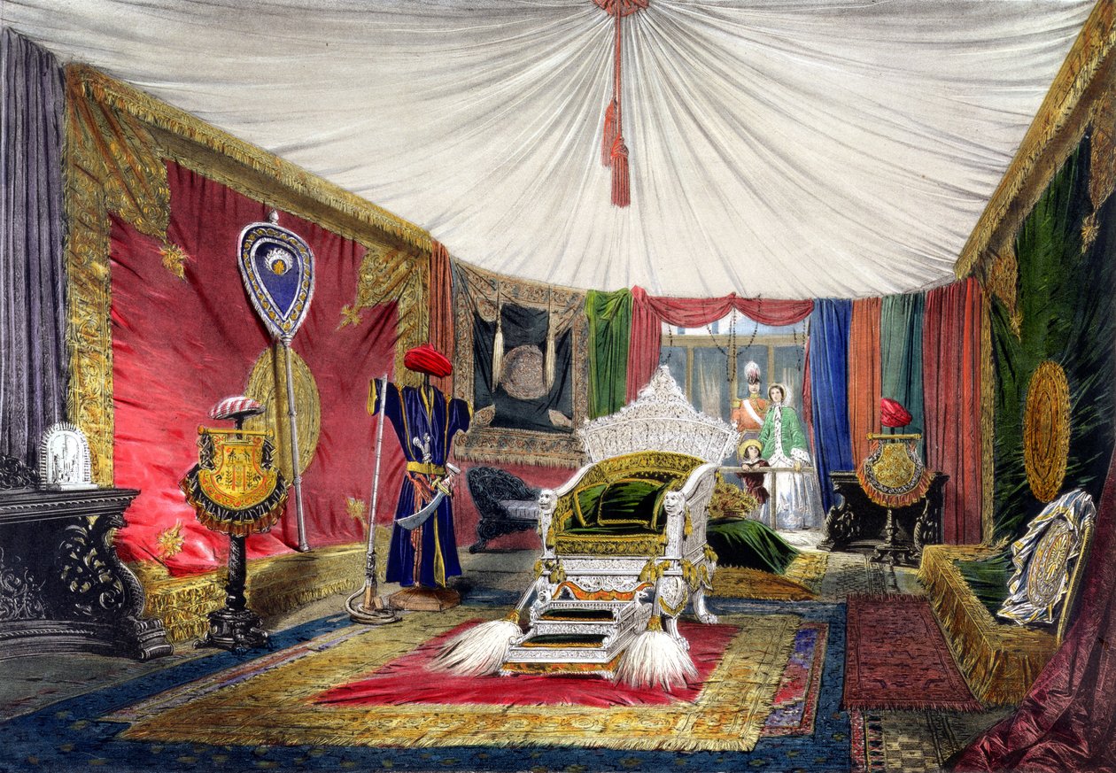 Zicht op de tentenkamer en ivoren gesneden troon, in de Indiase sectie van de Grote Tentoonstelling van 1851, uit Dickinsons Comprehensive Pictures door English School