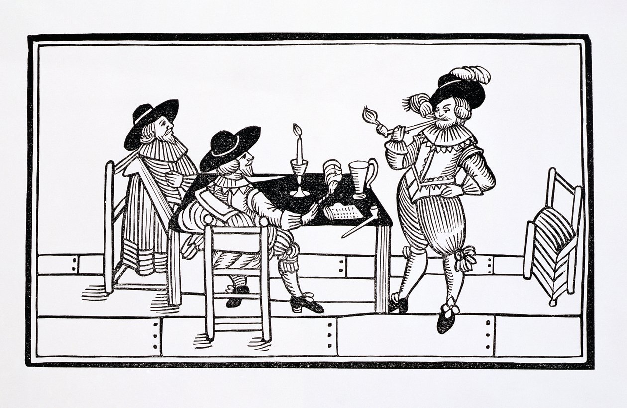 Wijnhandelaren in een Tudor bierhuis, uit een pamflet Gezondheid voor Allen, 1642 door English School