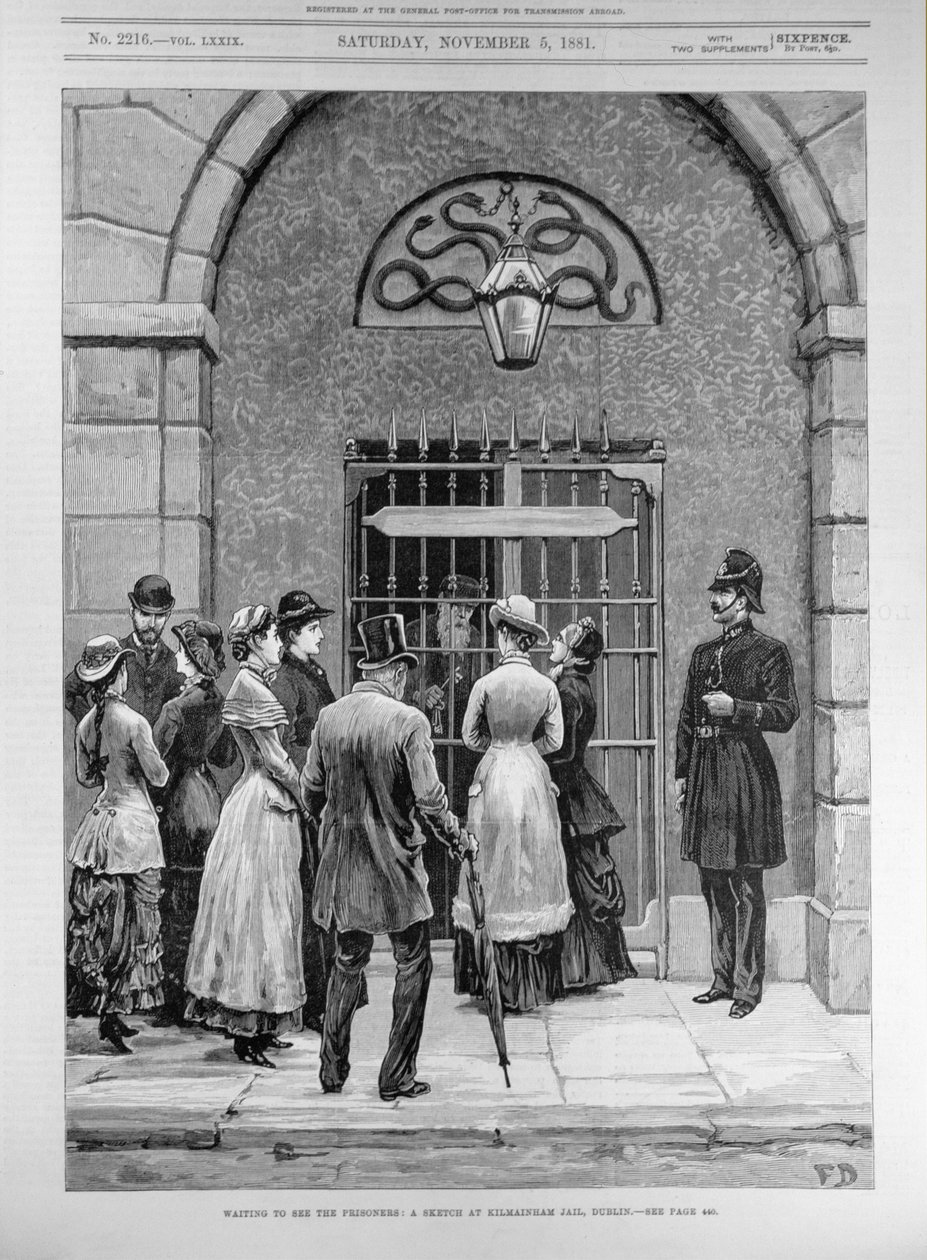 Wachten om de gevangenen te zien; Een schets in Kilmainham Jail, Dublin, uit 