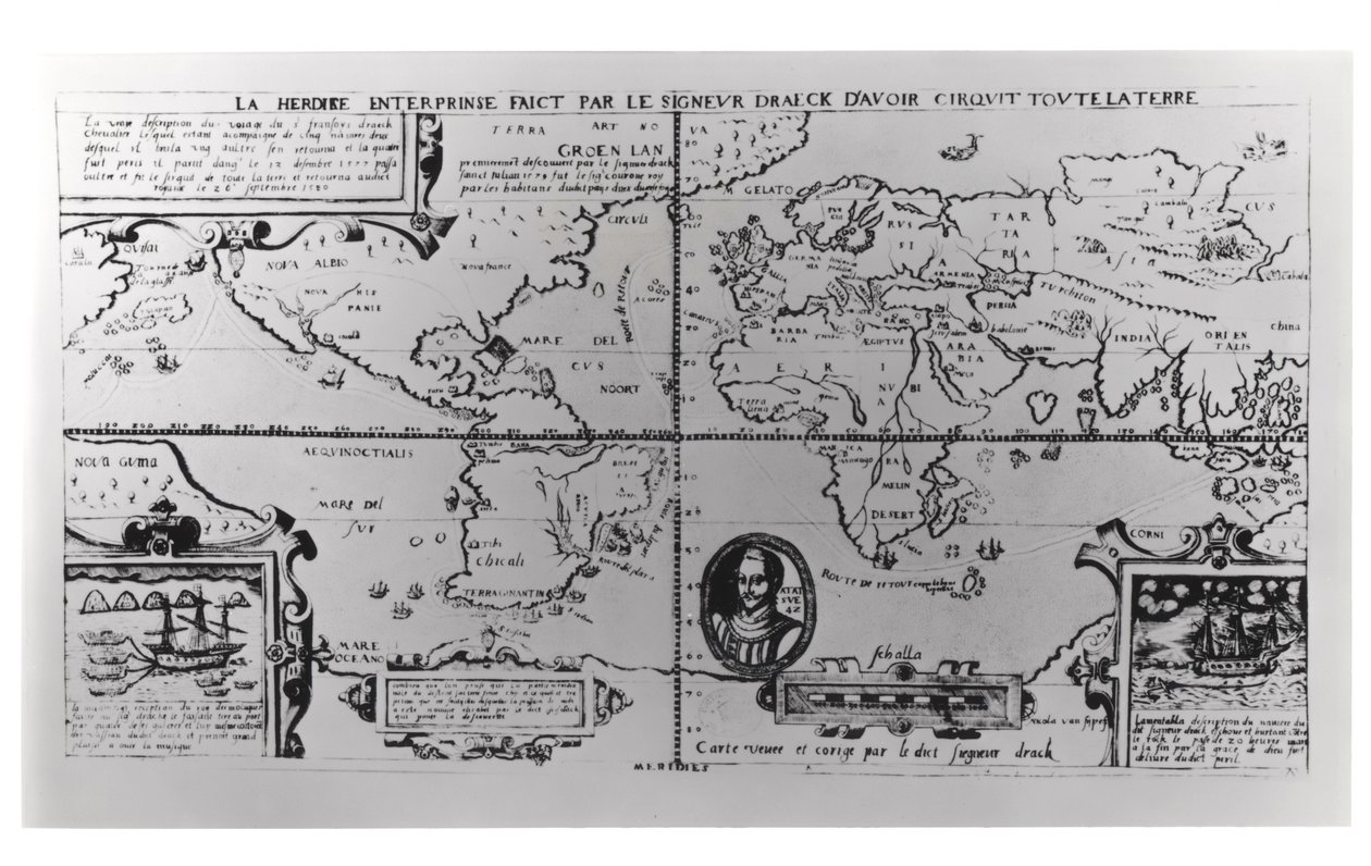 Wereldkaart met details van de expedities en wereldomzeiling van Sir Francis Drake (c.1540-96) 1577-2580 door English School