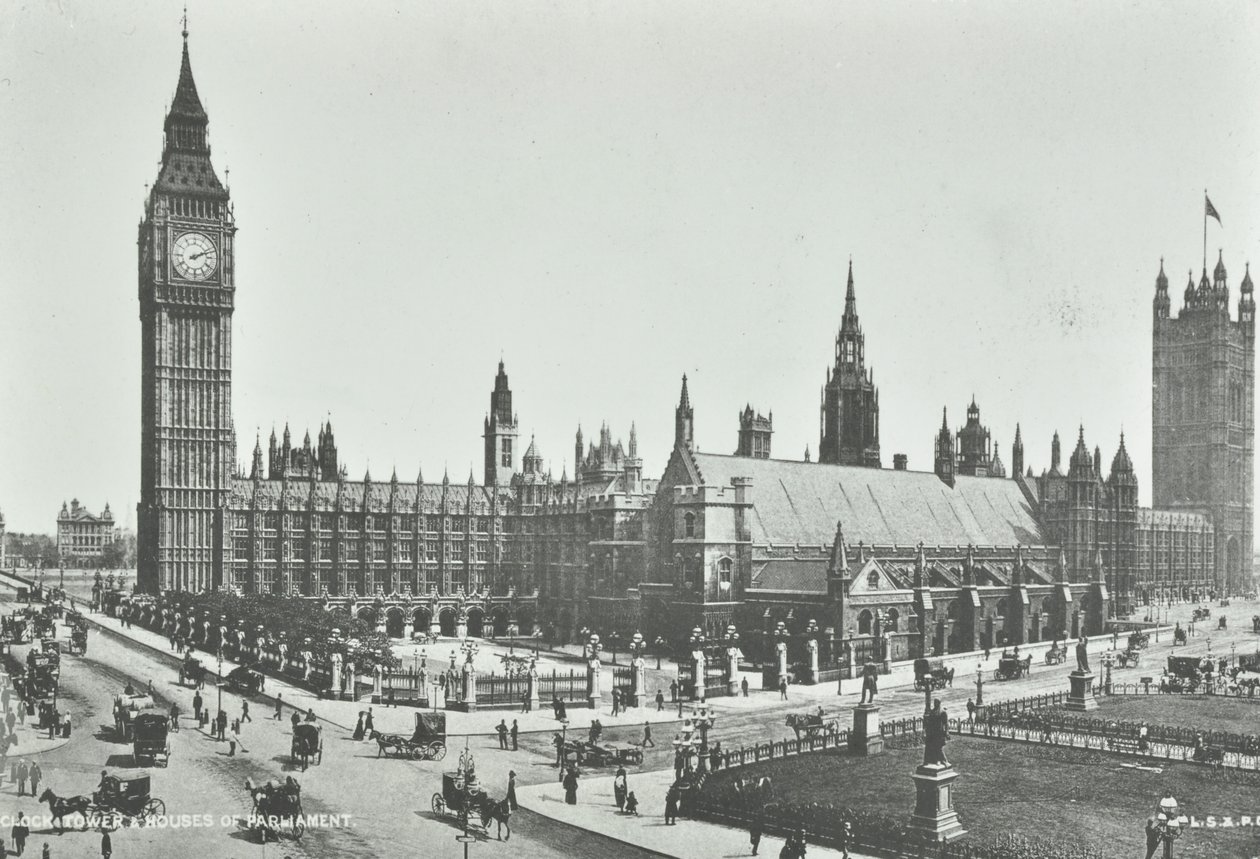 Parliament Square, Westminster: oostwaarts naar Big Ben en Houses of Parliament, 1895 door English Photographer