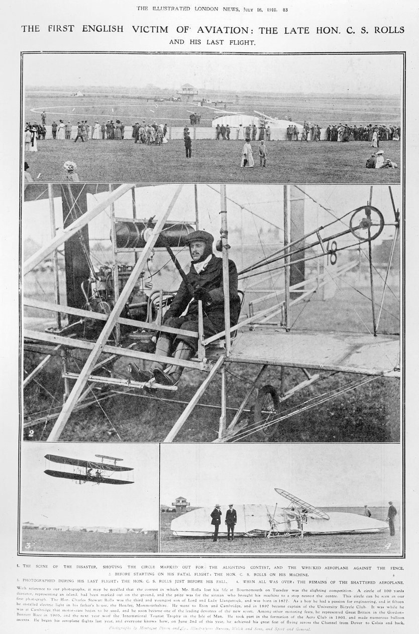 Het eerste Engelse slachtoffer van de luchtvaart: de overleden Hon. C.S. Rolls, en zijn laatste vlucht, uit The Illustrated London News, 16 juli 1910 door English Photographer