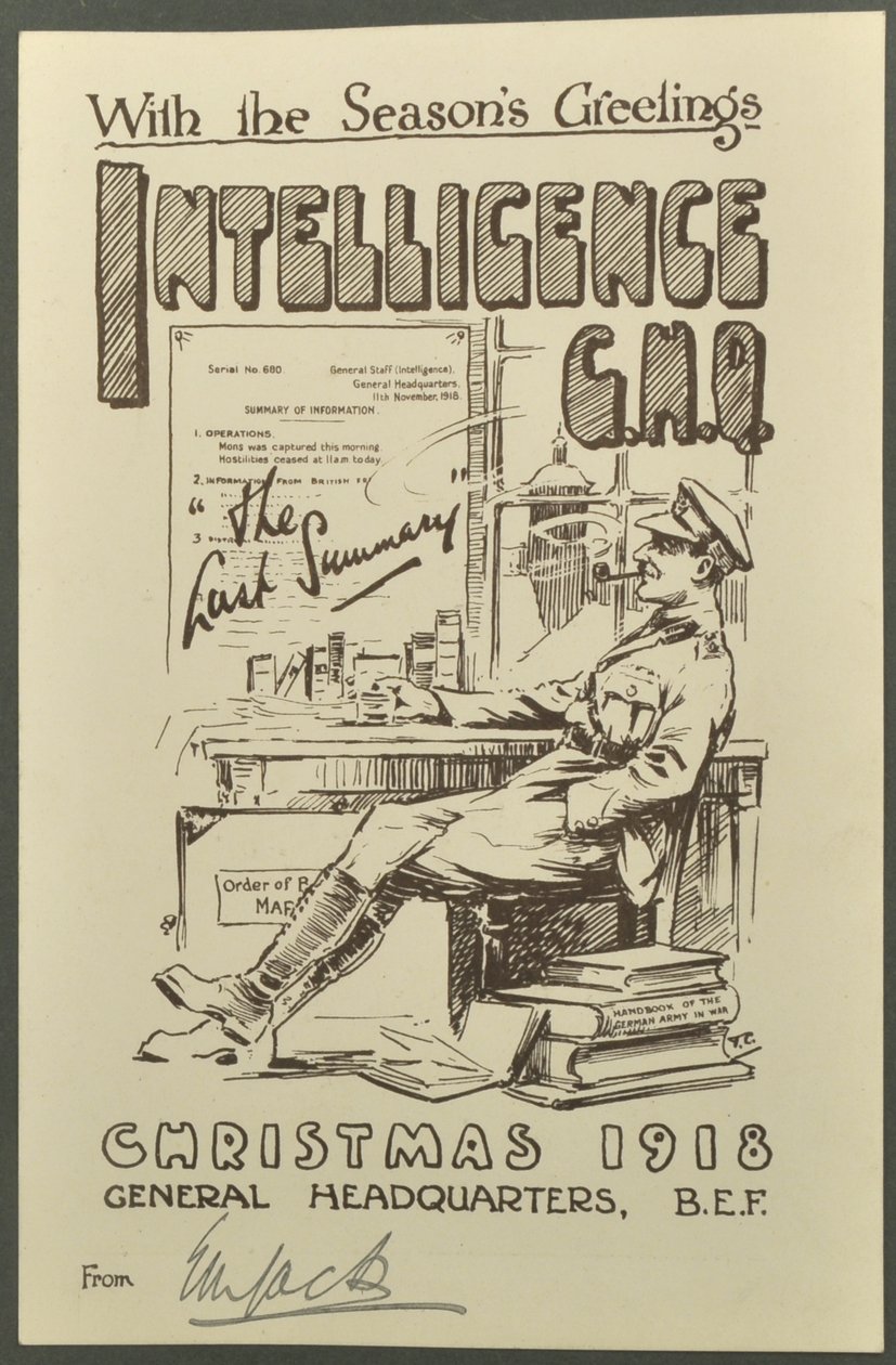 Met de seizoensgroeten, Inlichtingen G.H.Q., Kerstmis 1918 van E. M. Jack, 1918 door English Photographer