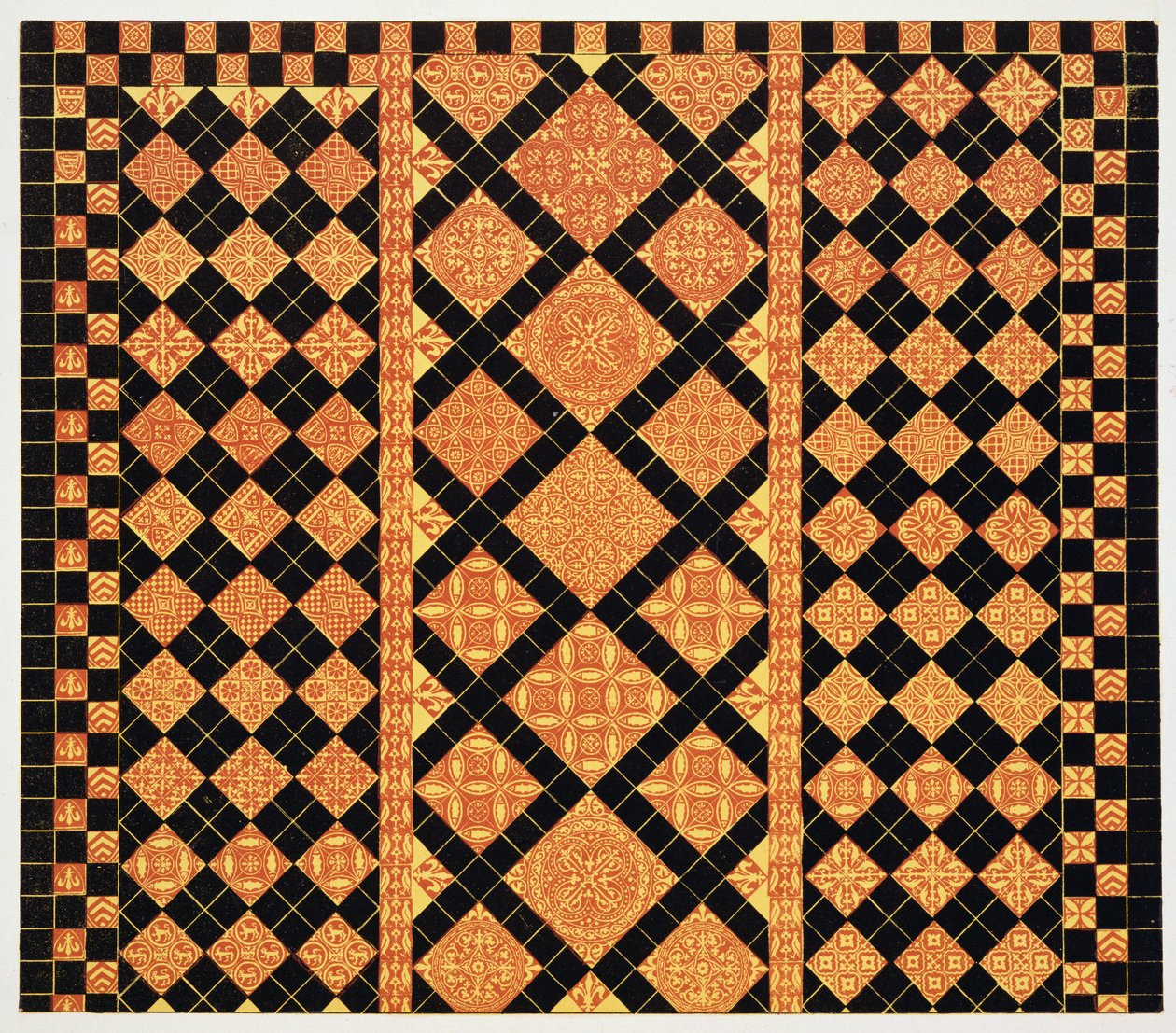 14e-eeuwse bestrating uit Worcester Cathedral Choir School, illustratie uit Specimens of Tile Pavements, getekend van bestaande autoriteiten, door Henry Shaw, 1858 door English School