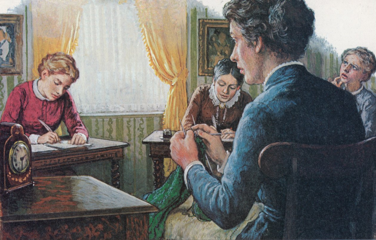 1873, drie studenten van het pas opgerichte Girton College doen eindexamen (kleurenlitho) door English School