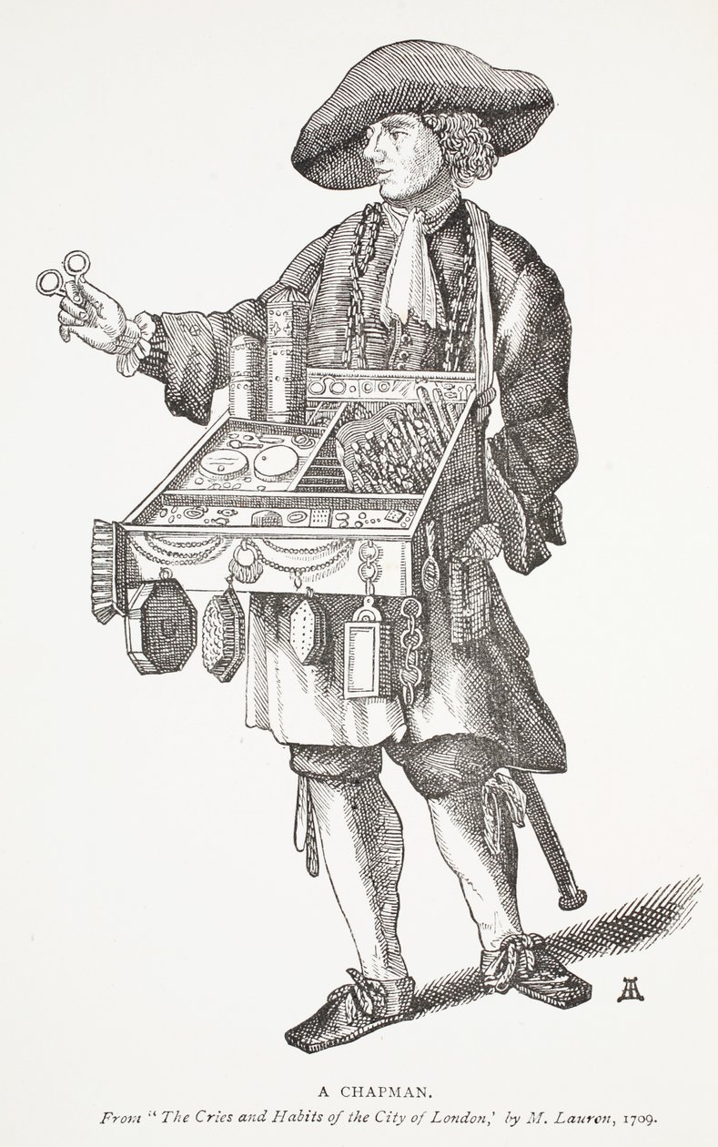 Een Marskramer, uit The Cries and Habits of the City of London door M. Lauren, 1709, frontispice illustratie uit Chap-books of the Eighteenth Century door John Ashton, gepubliceerd 1882 door English School