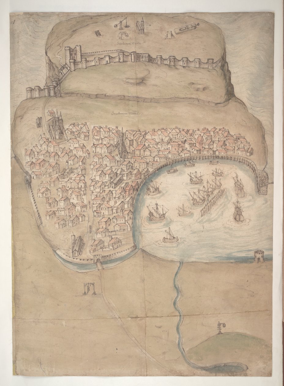 Een gekleurd plan of vogelvlucht van Scarborough Town en Castle door English School