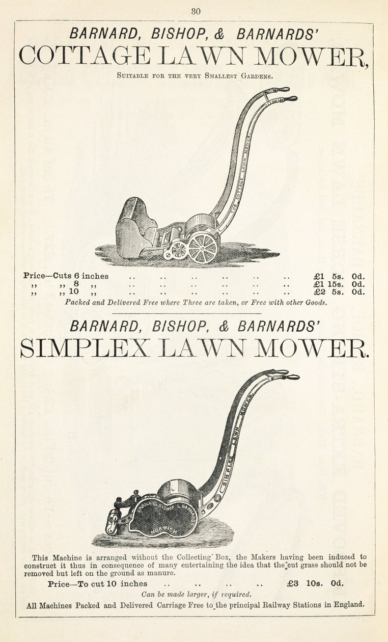 Een huisje en Simplex grasmaaier, illustratie uit een tuincatalogus, gepubliceerd door Barnard Bishop & Barnard, 1878 door English School