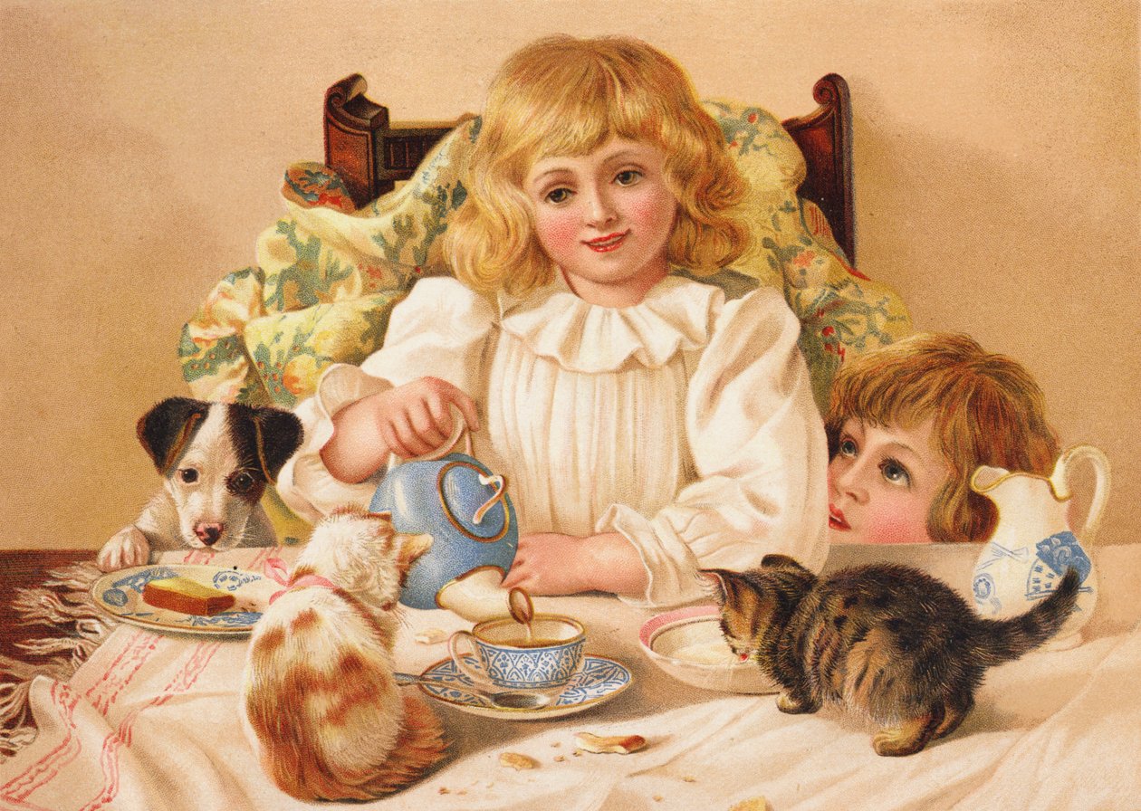 Een familietheekransje (chromolitho) door English School