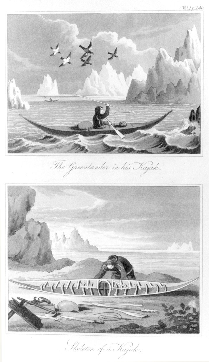 Een Groenlander en zijn kajak, uit Geschiedenis van Groenland door David Crantz, 1820 door English School