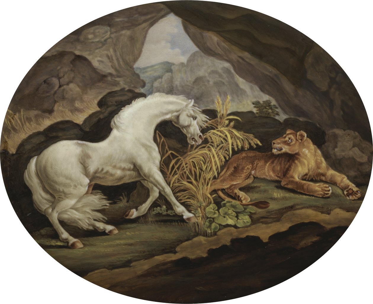 Een paard geschrokken door een leeuwin na George Stubbs door English School