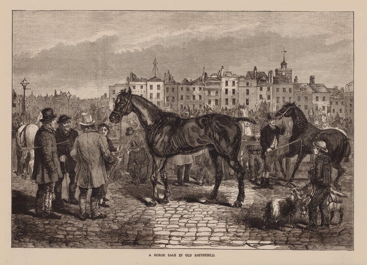Een paardenverkoop in Old Smithfield (gravure) door English School