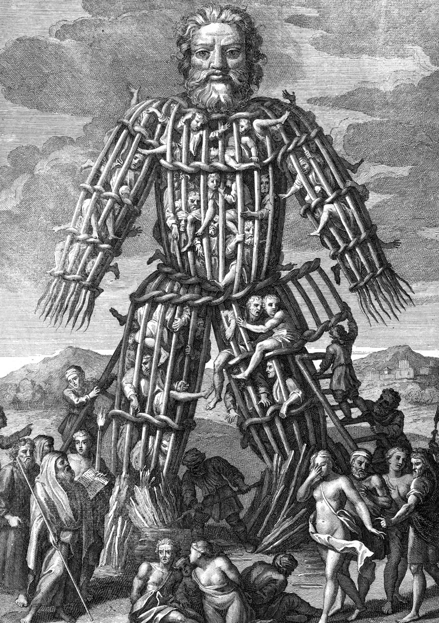 Een enorme kolos gemaakt van wilgentakken, waarin mannen levend werden verbrand ter ere van de goden, gegraveerd door Cornelis Huyberts, illustratie bij Caesars Commentaries vertaald in het Engels door William Duncan door English School