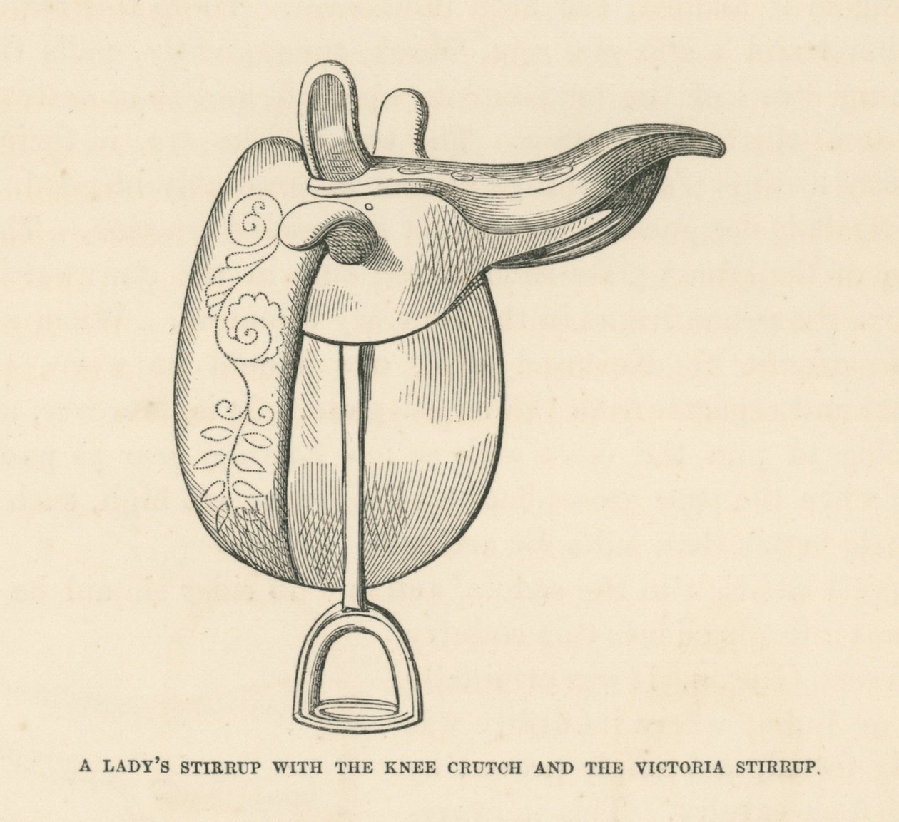 Een damesstijgbeugel met de kniekruk en de Victoria-stijgbeugel (gravure) door English School