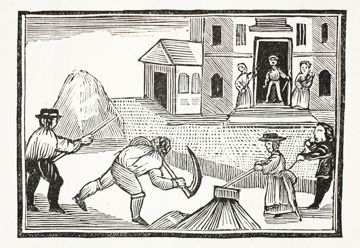 Een Man die Gras maait met een Zeis, die alles voor zich uit nam, illustratie uit Chap-books van de Achttiende Eeuw door John Ashton, uitgegeven 1882 door English School