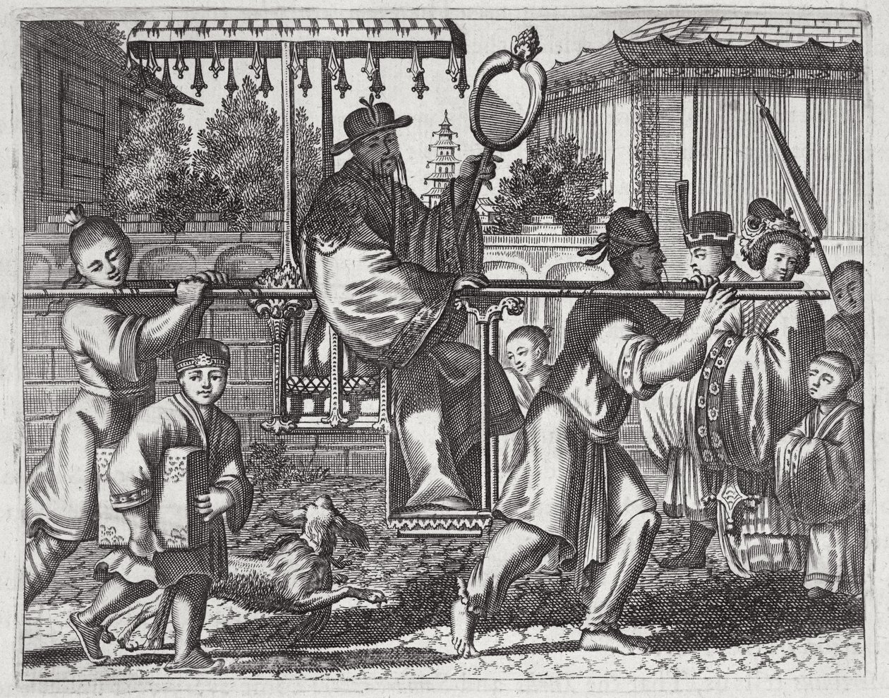 Een Mandarijn in een Draagstoel, illustratie uit een beschrijving van Ambassades naar China, 1690 door English School