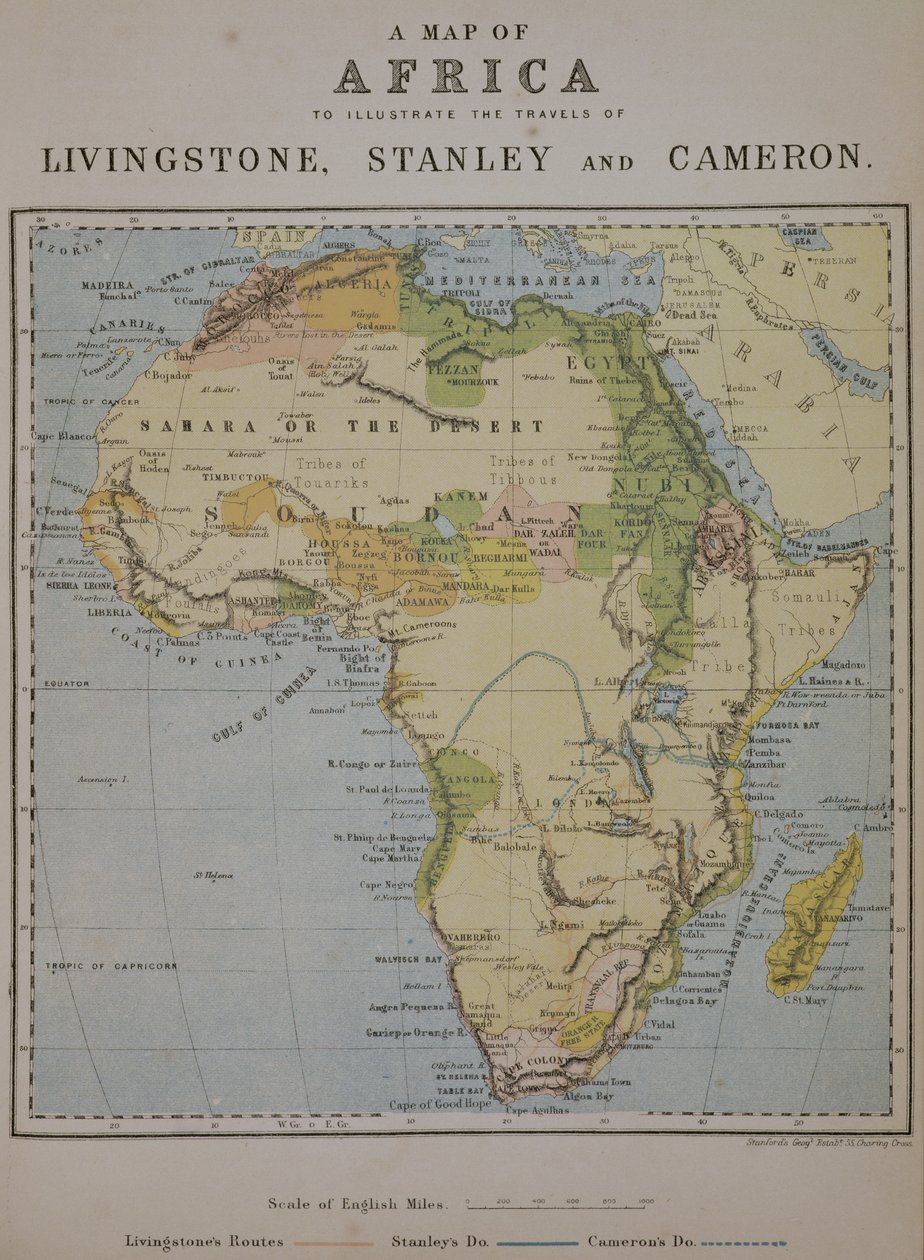 Een Kaart van Afrika om de Reizen van David Livingstone (1813-73), Henry Morton Stanley (1841-1904) en Verney Lovett Cameron (1844-94) te Illustreren door English School