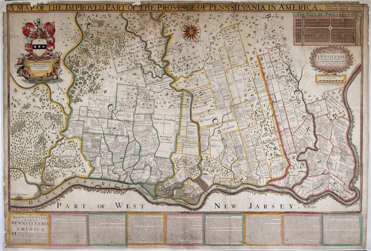 Een kaart van het verbeterde deel van de provincie Pennsylvania in Amerika, door Thomas Holme door English School