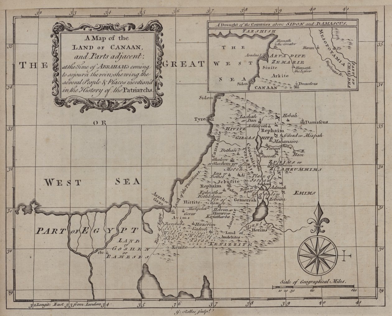 Een kaart van het land Kanaän en aangrenzende delen ten tijde van Abrahams komst om er te verblijven, met daarop aangegeven de verschillende mensen en plaatsen die worden genoemd in de geschiedenis van de patriarchen (gravure) door English School