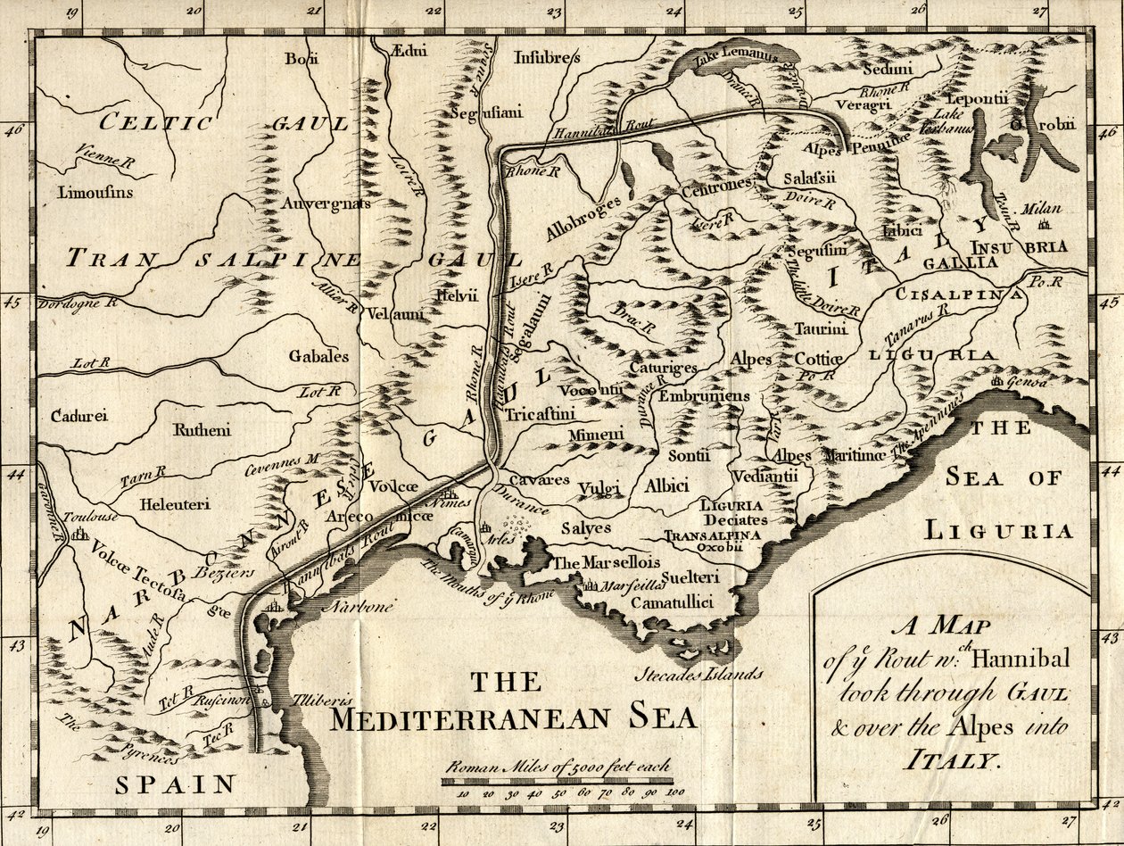 Een kaart van de route die Hannibal nam door Gallië en over de Alpen naar Italië door English School