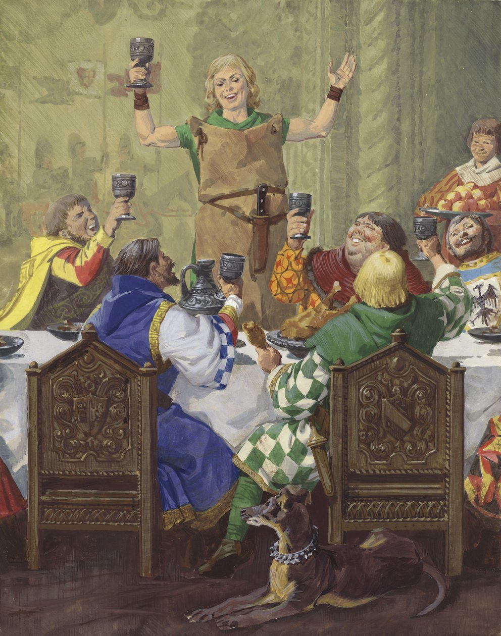 Middeleeuws feestmaal (gouache op papier) door English School