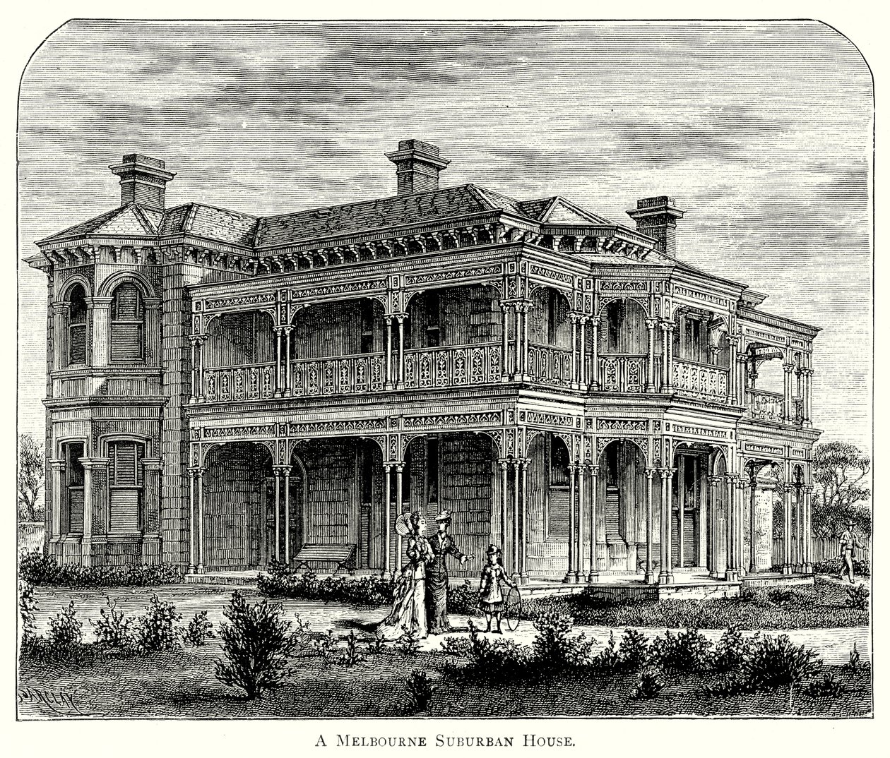 Een voorstedelijk huis in Melbourne (gravure) door English School