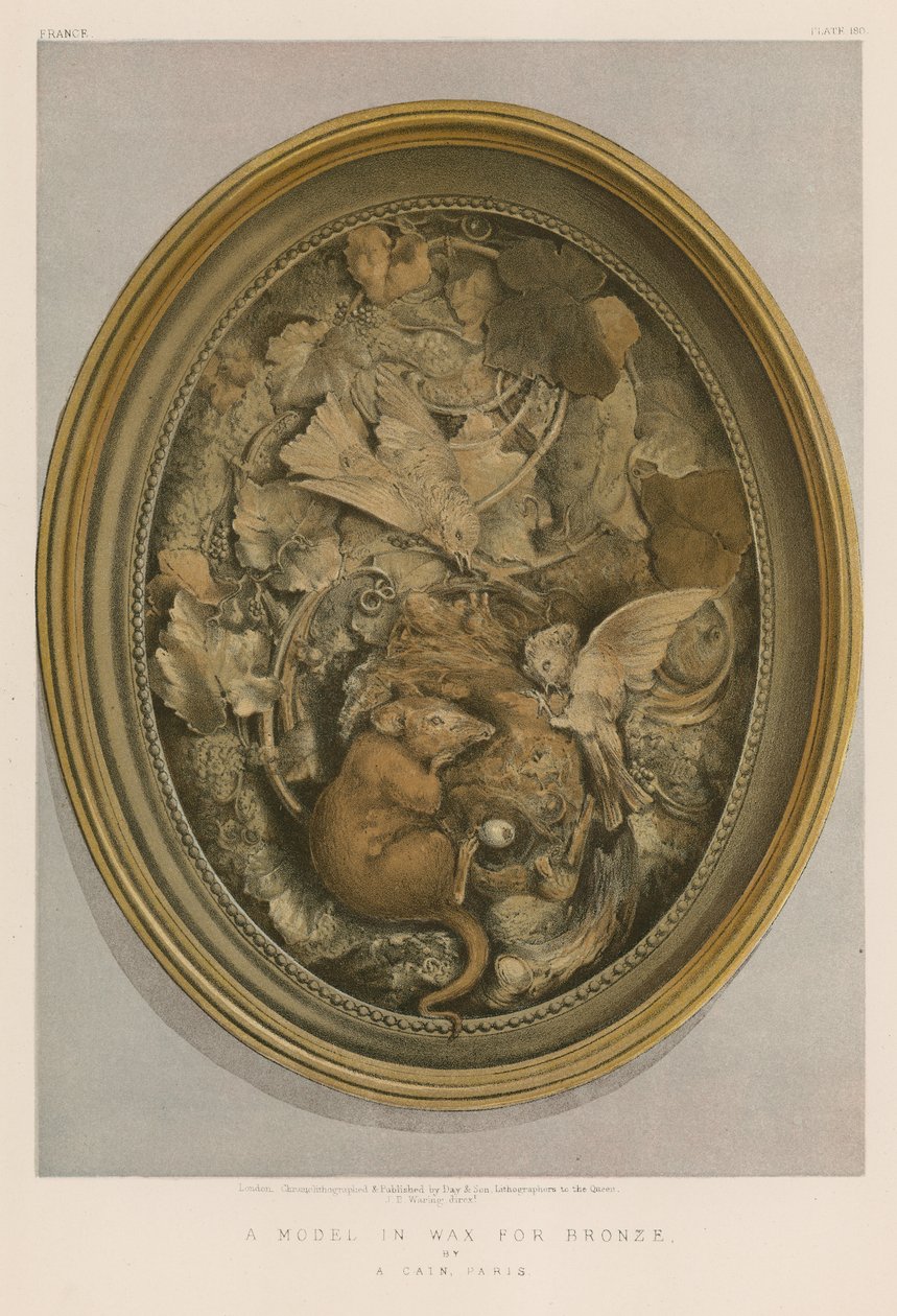 Een model in was voor brons door A Cain, Parijs (chromolitho) door English School