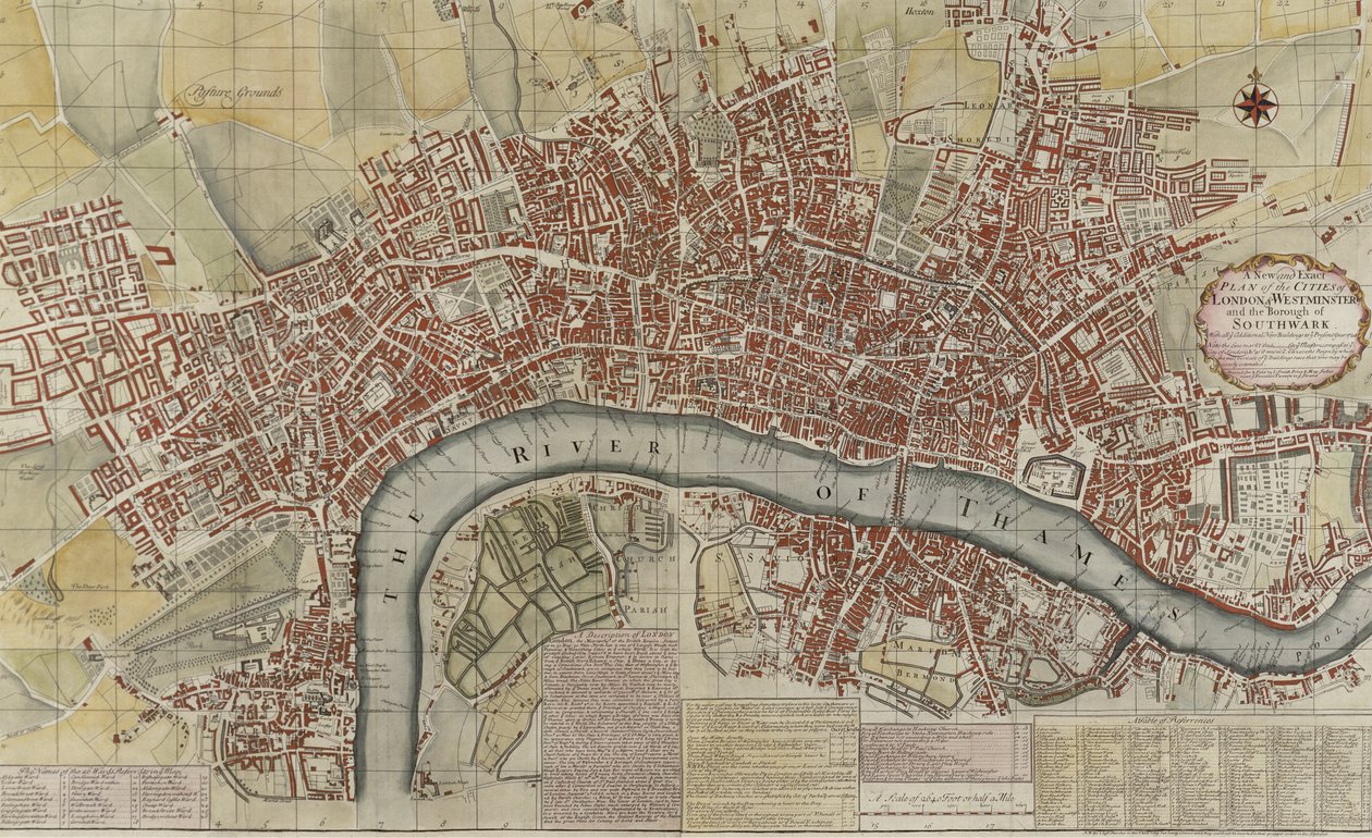 Een nieuw en exact plan van de steden Londen en Westminster en de Borough of Southwark, 1725 door English School
