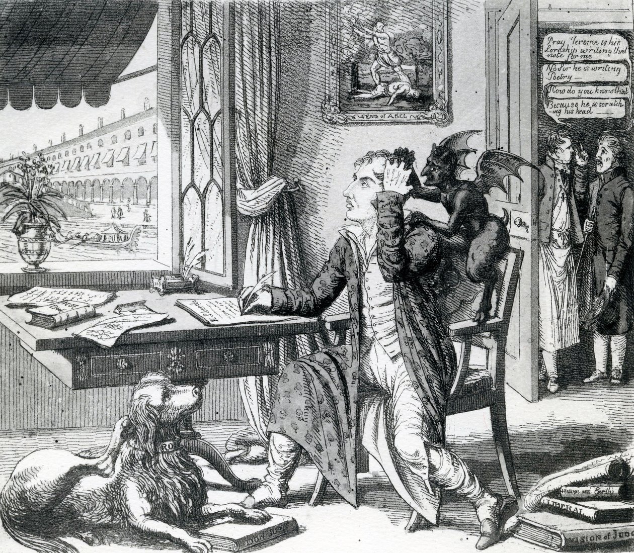 Een nobele dichter - zijn ideeën opkrabbelen, gepubliceerd door J. Johnston, 1823 door English School