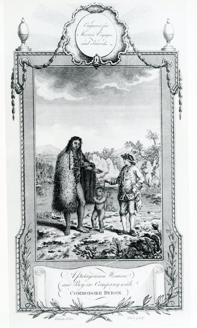 Een Patagonische Vrouw en Jongen in gezelschap van Commodore Byron (illustratie uit Moores Reizen en Reizen) door English School