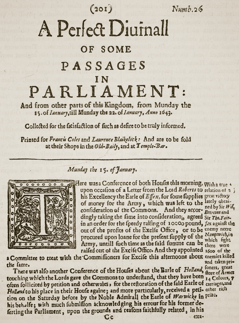 A Perfect Diurnall, facsimile van de voorpagina van uitgave 26, 1643, illustratie uit Cassells Illustrated History of England door English School