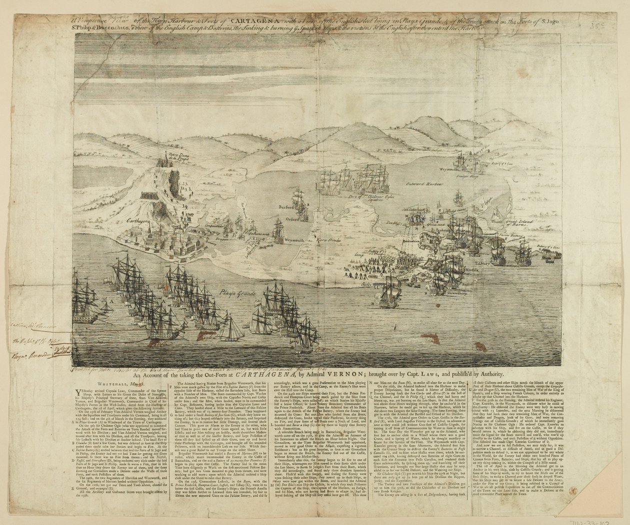 Een perspectieftekening van de stad, haven en forten van Carthagena in 1739, gepubliceerd 1741 door English School