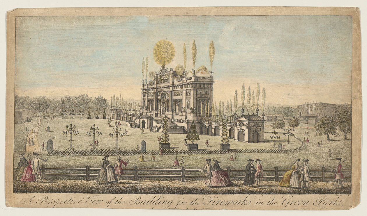 Een perspectiefweergave van het gebouw voor het vuurwerk in het Green Park, Londen door English School