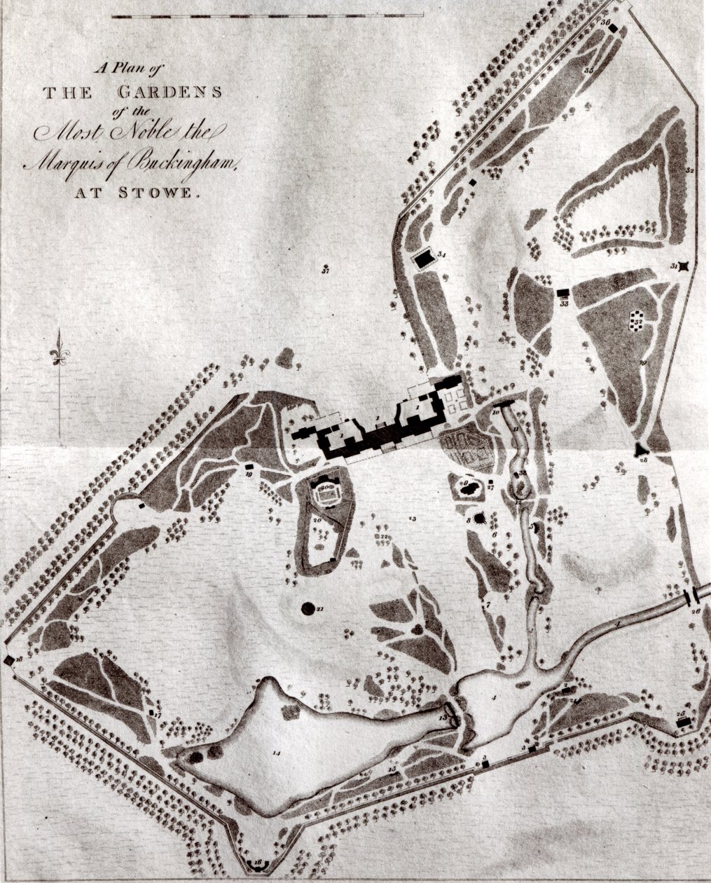 Een plan van de tuinen van de Meest Edele Markies van Buckingham in Stowe, uit de Bezoekersgids, gepubliceerd in 1797 door English School