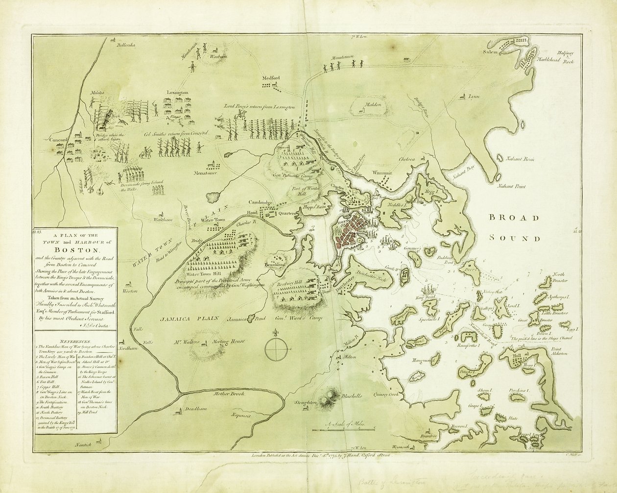 Een Plan van de Stad en Haven van Boston en de omliggende Gebieden door English School